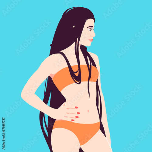 Young brunette girl with long hair in orange bikini