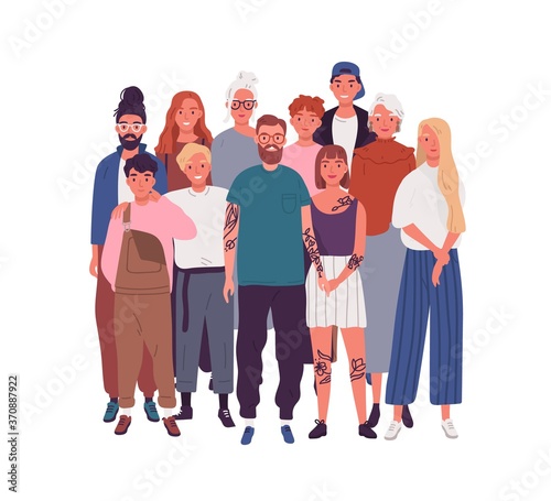 Diversity of people in modern society. Crowd of different men, women, kids, teenagers. Old, aged, elderly, multinational community. Flat vector cartoon illustration isolated on white background