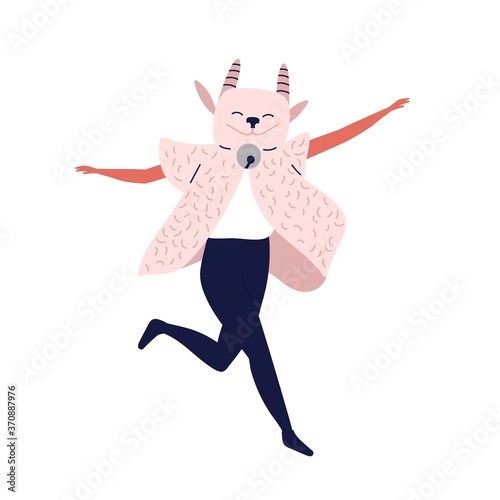 Funny dancing character in halloween masquerade mask, carnival animal goat co...