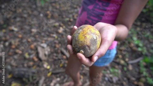 close-up of a girl holding a jobo fruit in her hands photo