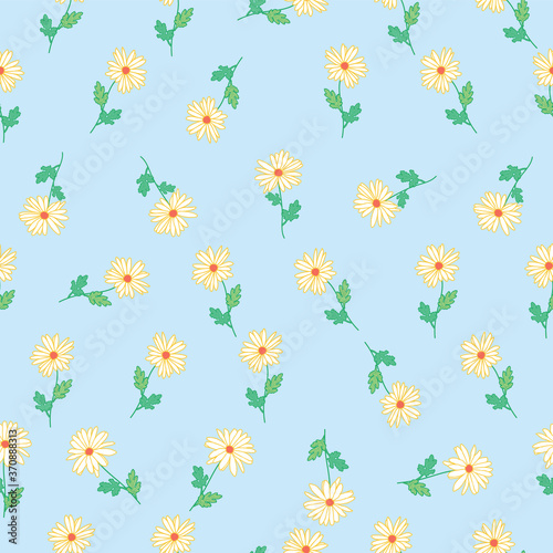 Abstract flowers hand drawn chamomile blossom sketch drawing seamless pattern on blue background design