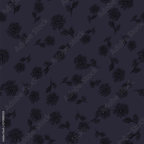 Abstract flowers dark hand drawn black doodle chamomile blossom seamless pattern design