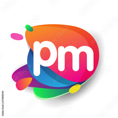 Letter PM logo with colorful splash background, letter combination logo design for creative industry, web, business and company.