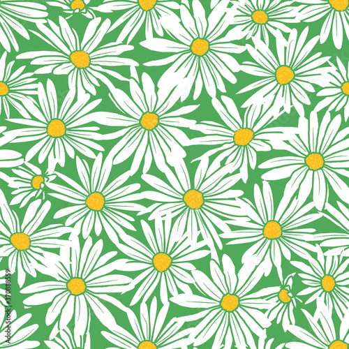 Abstract flowers hand drawn chamomile blossom sketch drawing seamless pattern on green background design