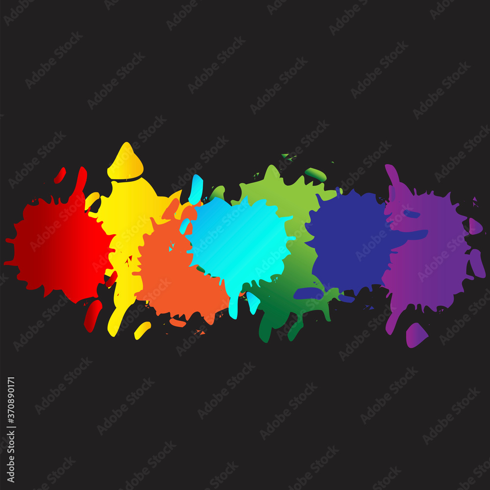 Splashes of paint on a black background. Rainbow spots. Bright grunge pattern on a black background. Vector image. Stock photo.