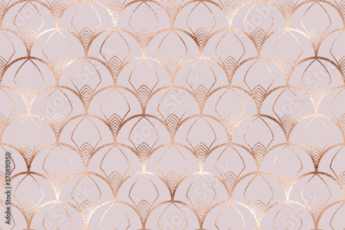 Art deco seamless pattern with gold fan scales glitter texture. 