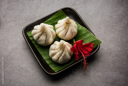 Ukdiche Modak are steamed dumplings with an outer rice flour dough and a coconut-jaggery stuffing, Indian food offered to lord ganesha on Chaturthi