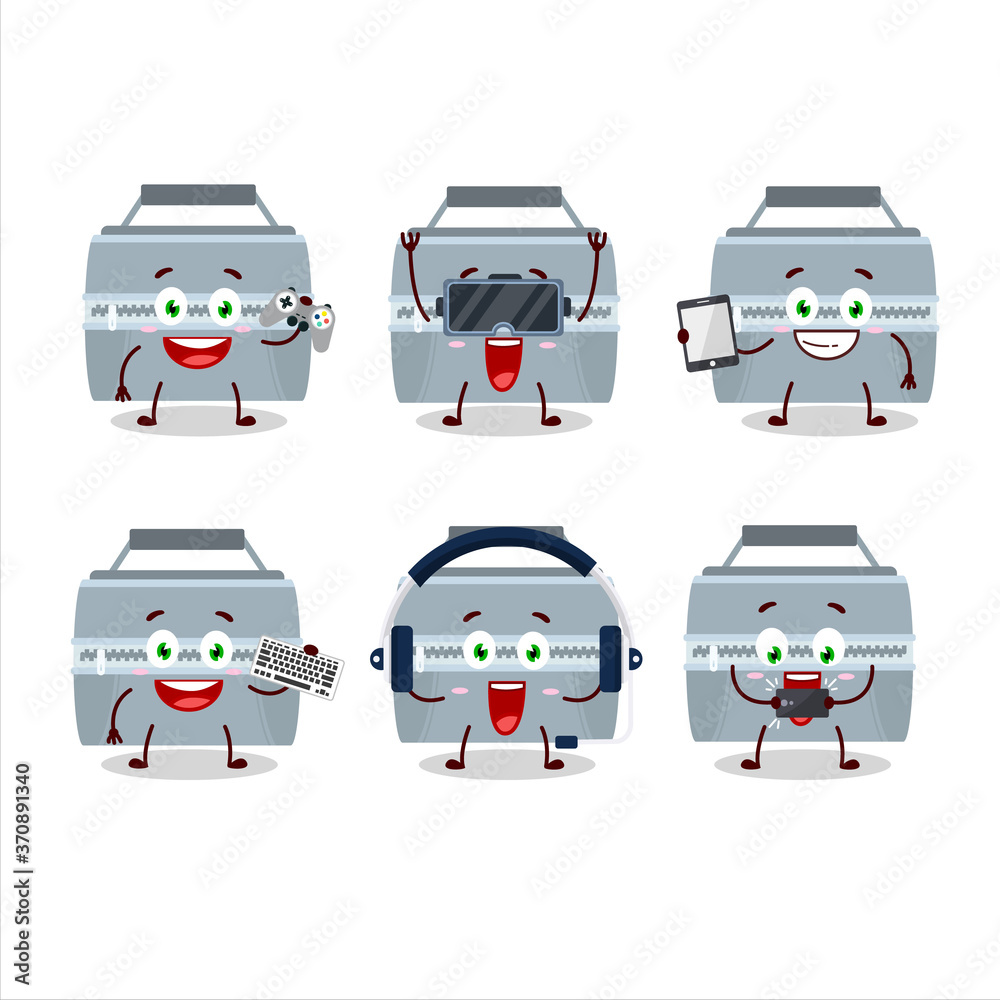 Grey lunch box cartoon character are playing games with various cute emoticons