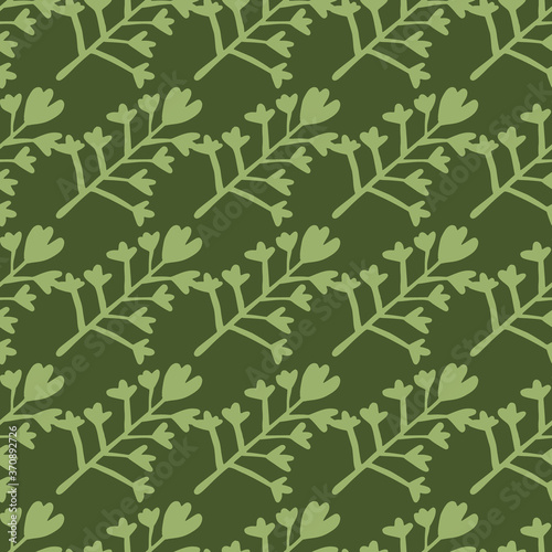 Botanic seamless pattern with pastel green floral silhouettes. Dark green background. Simple backdrop.