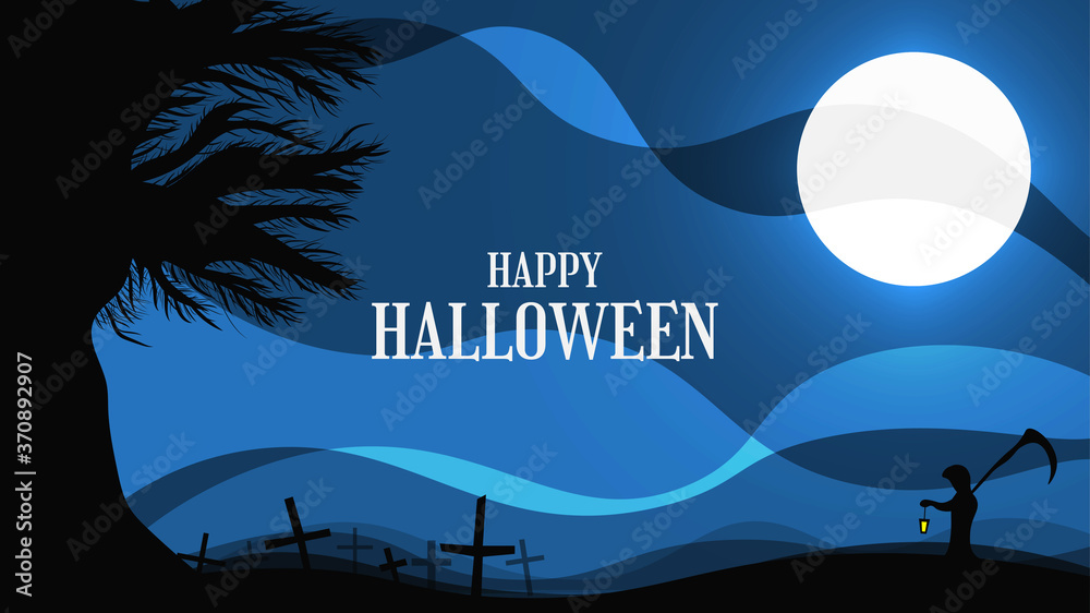Halloween background illustration with spooky tree and grim reaper holding scythe and lantern Halloween background illustration with spooky tree and grim reaper holding scythe and lantern