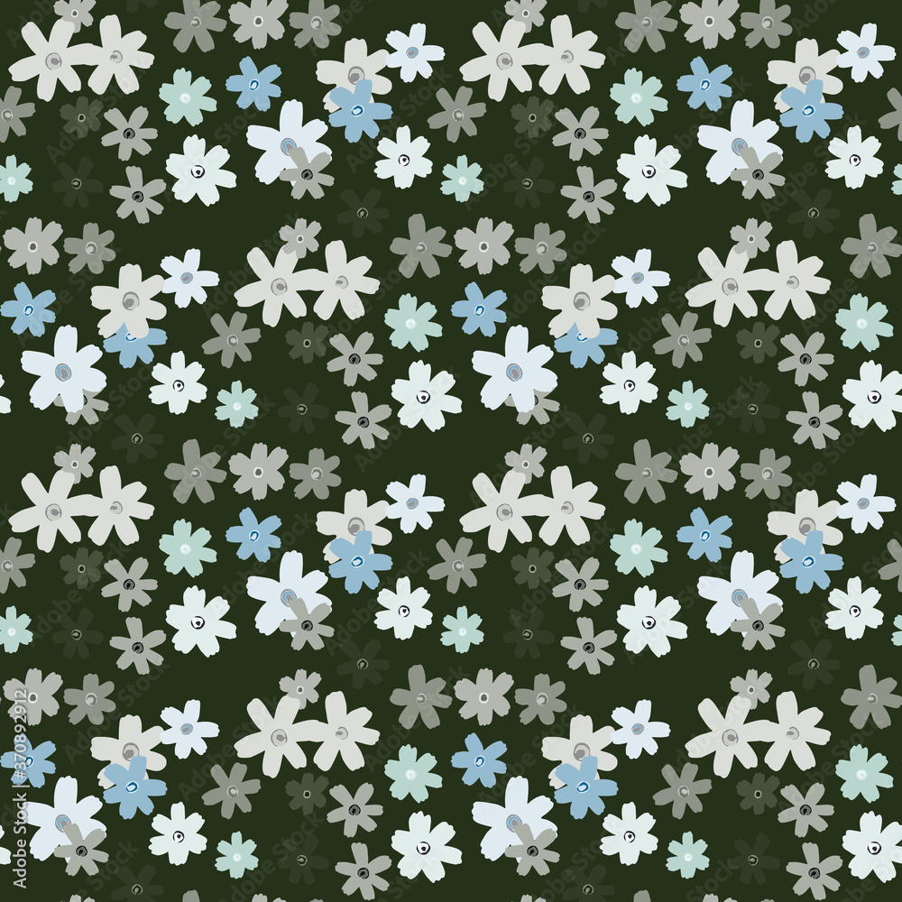 Little daisy elements seamless pattern. Dark background with flowers in blue, white and beige tones. Little daisy elements seamless pattern. Dark background with flowers in blue, white and beige tones.