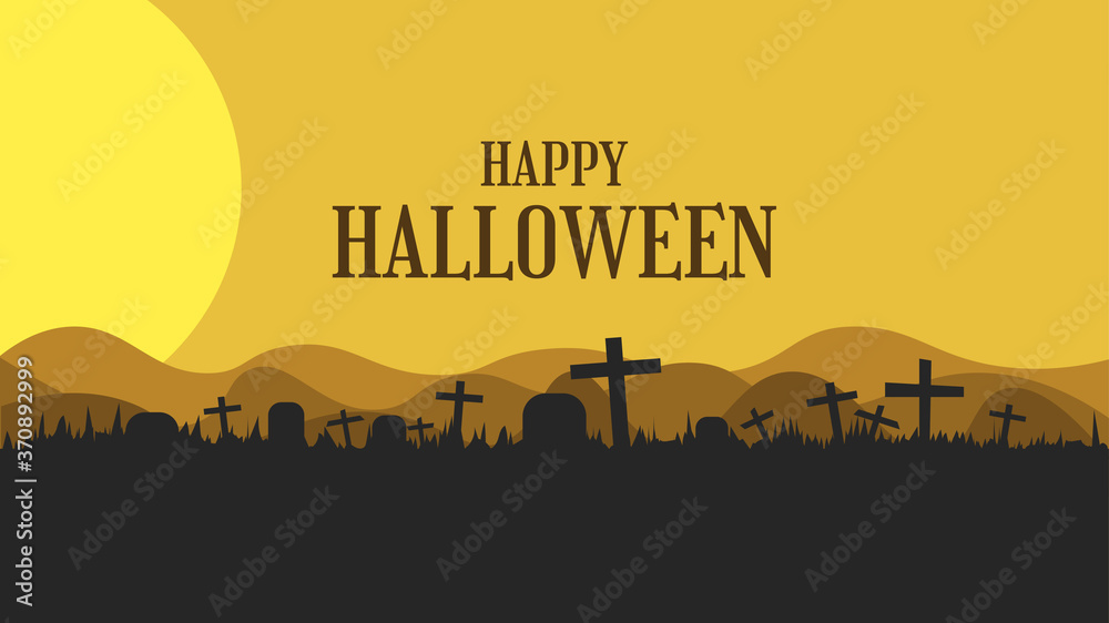 Happy Halloween greeting banner with graveyard and tombstone in flat design Happy Halloween greeting banner with graveyard and tombstone in flat design