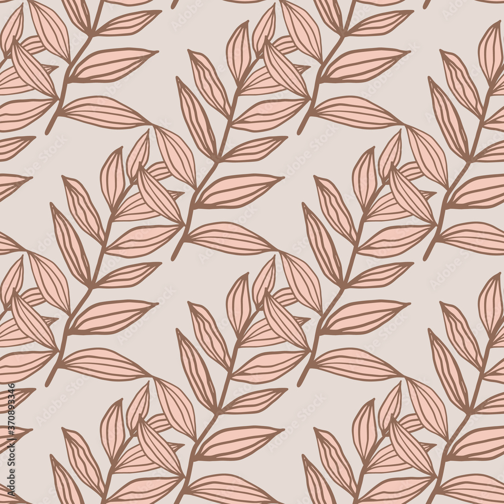 Seamless pattern with contoured pink leaves ornament. Light background. Simple floral backdrop.