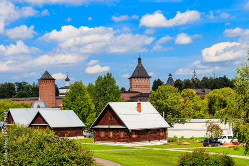 View of Monastery of Saint Euthymius and wooden houses in Suzdal, Russia. Suzdal cityscape