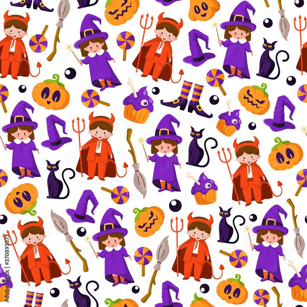 Halloween cartoon seamless pattern - kids in halloween costumes of devil and witch, scary pumpkin lanterns, monster, black cat, creepy cake, candy or traditional symbols - vector seamless background Halloween cartoon seamless pattern - kids in halloween costumes of devil and witch, scary pumpkin lanterns, monster, black cat, creepy cake, candy or traditional symbols - vector seamless background