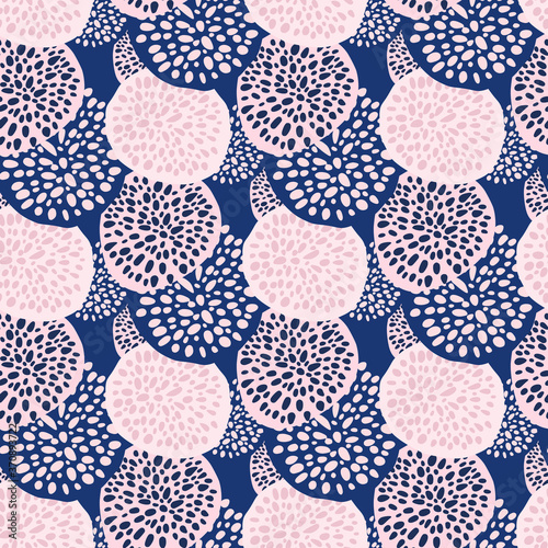 Contrast random dot circles seamless pattern. Endless backdrop with pink and blue geometric ornament.