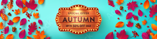 Autumn Poster and banner template with colorful maple,oak autumn leaves and wooden board.Greetings and presents for Autumn season in flat lay styling.Promotion template for Autumn or fall concept