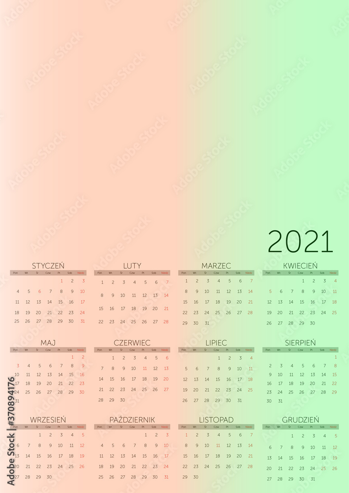 Calendar 12 months 2021. Polish language version