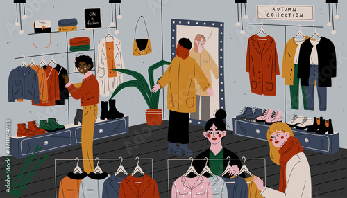 People in store choose clothes. Retail outlet