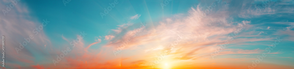 Sunrise sky panorama with bright sun - obrazy, fototapety, plakaty 