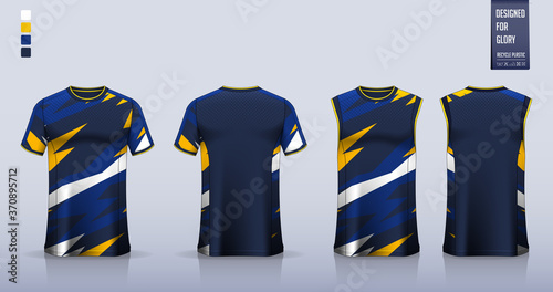 Blue Yellow Abstract Pattern T-shirt sport, Soccer jersey, football kit, basketball uniform, tank top, and running singlet mockup.