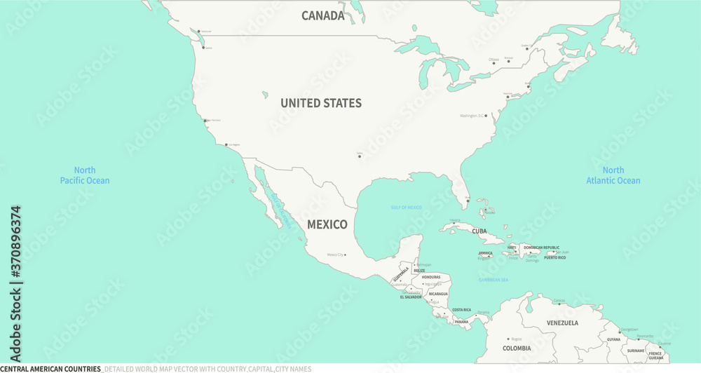 Central American Countries map. Detailed world Map Vector with Country,Capital,City Names.