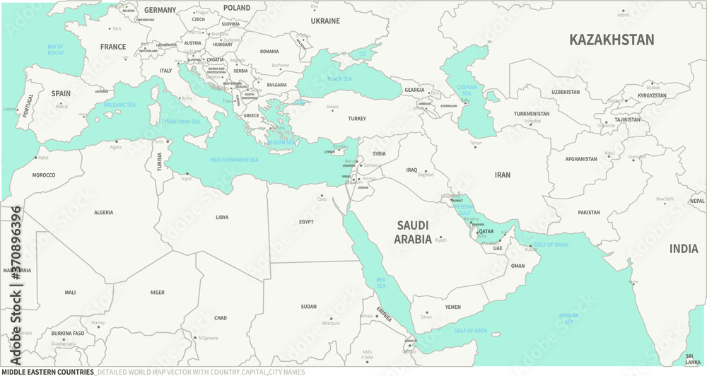Middle Eastern Countries map. Detailed world Map Vector with Country,Capital,City Names.