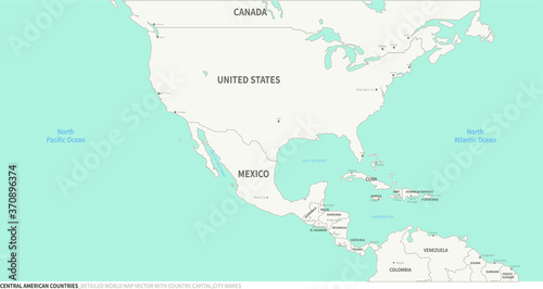 Central American Countries map. Detailed world Map Vector with Country Capital City Names.