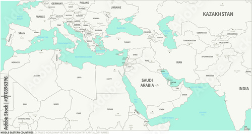 Middle Eastern Countries map. Detailed world Map Vector with Country,Capital,City Names.
