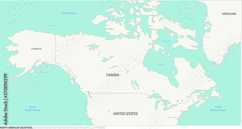North American Countries map. Detailed world Map Vector with Country Capital City Names.