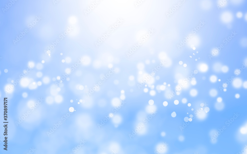 White lights bokeh, defocus glitter blur on blue background. illustration.
