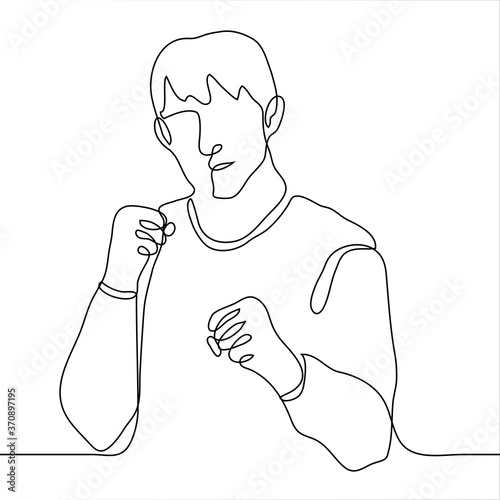 man stands with his fists in front of him, preparing to strike, he looks at the viewer. One continuous line drawing of a male boxer ready to attack. Can be used for animation