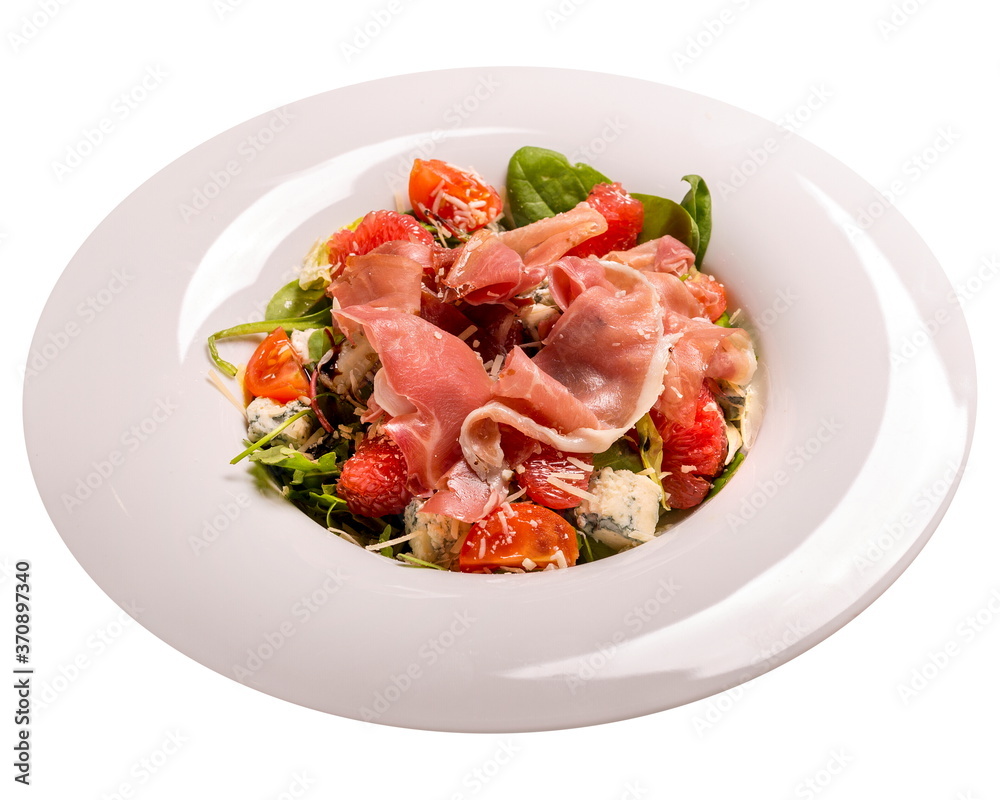 Spanish salad with ham and grapefruit, Isolated image on white background. Spanish salad with ham and grapefruit, Isolated image on white background.