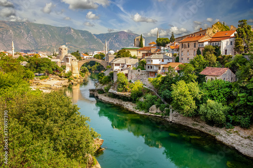 Mostar bridge in Bosnia and Herzegovina. Colorful landscape