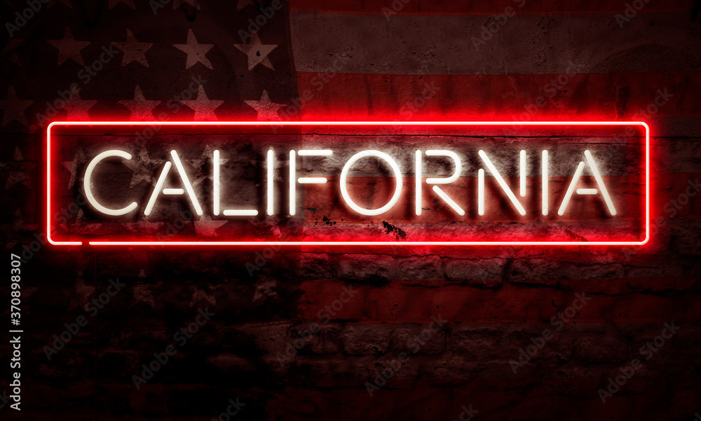 Obraz premium California State Graphic Neon Sign On Brick Wall With American Flag