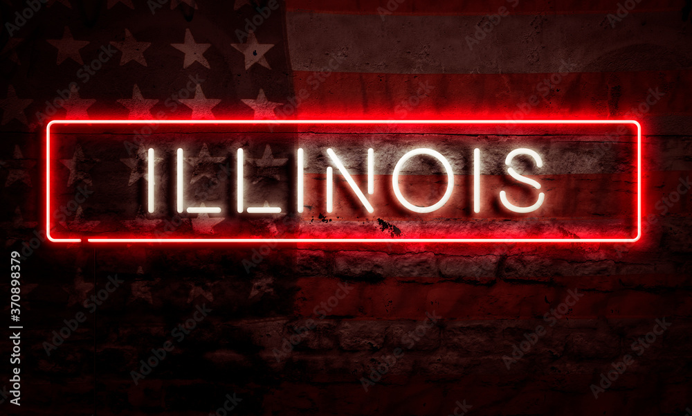 Fototapeta premium Illinois State Graphic Neon Sign On Brick Wall With American Flag