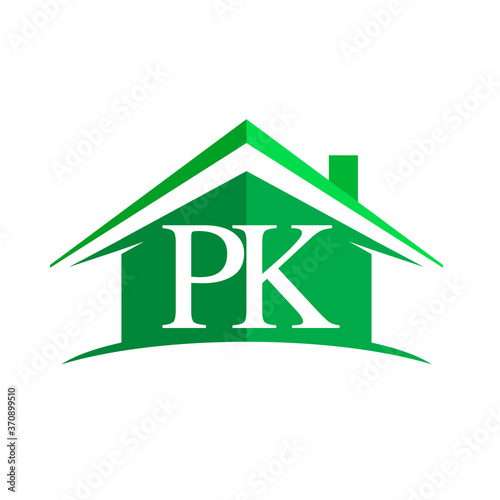 initial logo PK with house icon and green color, business logo and property developer