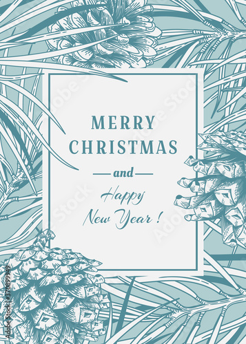 Magic New year's card with pine branches and cones. Invitation with conifers. Winter vector illustration. Light blue background and white greeting.