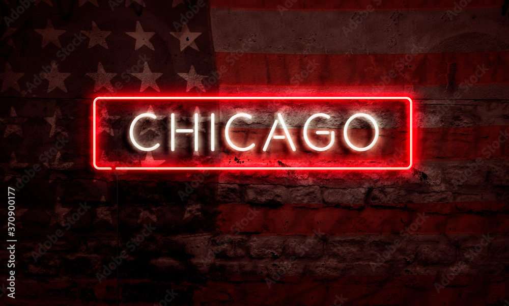 Fototapeta premium Chicago City Illinois Neon Sign On Brick American Flag