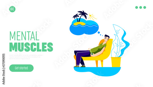 Mental meditation landing page with man thinking of vacation on tropical resort during quarantine