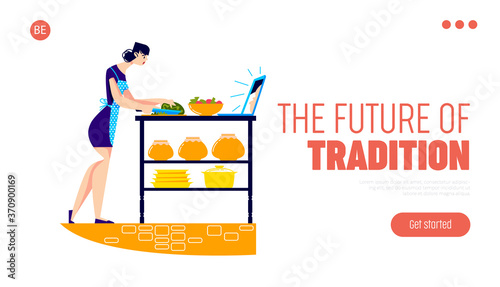 Woman cooking healthy dinner watch video food blogger on laptop. Cooking blog landing page design