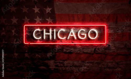 Chicago City Illinois Neon Sign On Brick American Flag