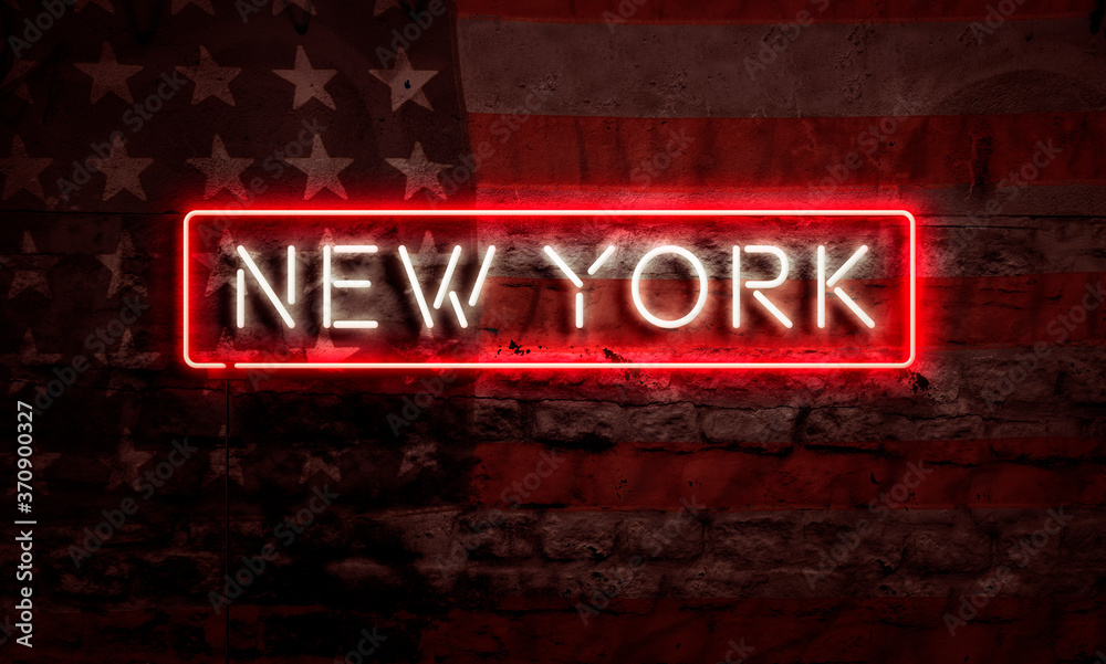 Obraz premium New York Neon Sign On Brick American Flag