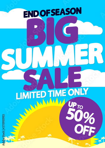 Big Summer Sale up to 50% off, poster design template, special offer, vector illustration