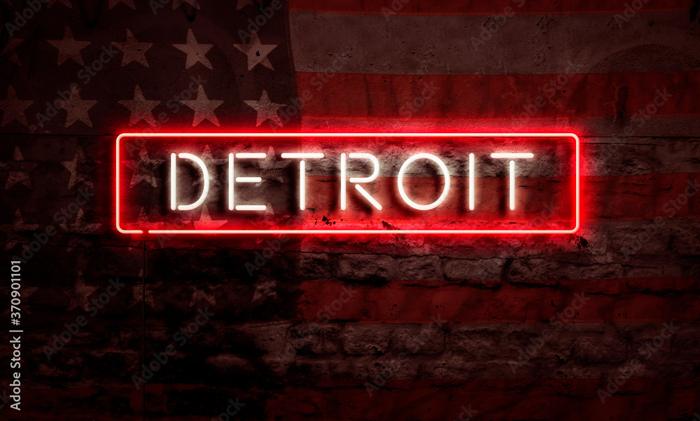 Obraz premium Detroit Neon Sign On Brick American Flag