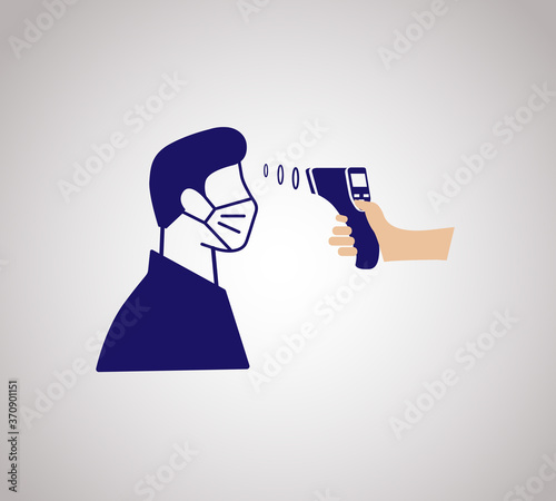 Temperature check icon. Doctor holding a non-contact thermometer in hand icon. Mask on the face. Coronavirus prevention. Epidemic 2019-ncov. Vector illustration flat design.