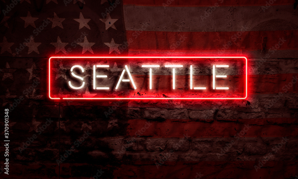 Seattle Neon Sign On Brick American Flag Seattle Neon Sign On Brick American Flag
