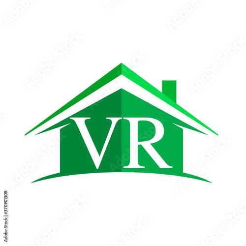initial logo VR with house icon and green color, business logo and property developer