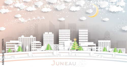 Juneau Alaska USA City Skyline in Paper Cut Style with Snowflakes, Moon and Neon Garland.