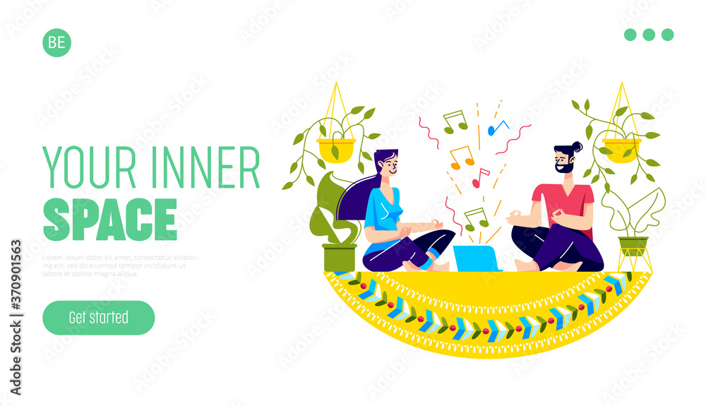 Home yoga practicing landing page for online training website with couple meditating together Home yoga practicing landing page for online training website with couple meditating together
